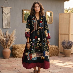 Abito tunica boho color arancio terra da donna / Abito midi con scollo a V e ricami floreali / Vestibilità comoda, patchwork, abbigliamento autunnale