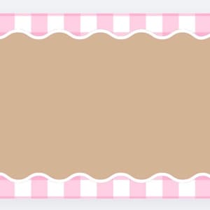 Può includere: Una forma rettangolare marrone chiaro con un bordo bianco smerlato, su uno sfondo a scacchi rosa e bianco. Il design è semplice e pulito, con un focus sui colori e le forme contrastanti.
