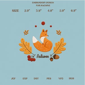 Diseño de bordado de zorro otoñal, patrón para máquina de coser de temporada de otoño, archivo de bordado de lindo animal del bosque, descarga digital instantánea.