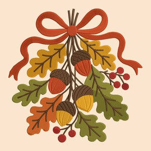 May include: An embroidery design featuring a cluster of autumn elements tied with a red ribbon bow. The arrangement includes oak leaves in shades of yellow, orange, and green, along with brown acorns and small red berries on thin brown stems.