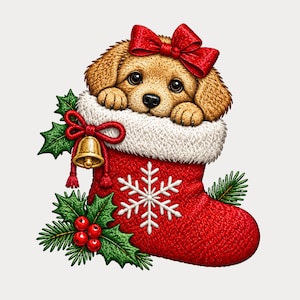 May include: A golden puppy with a red bow on its head peeking out of a red Christmas stocking. The stocking features a white snowflake pattern, a white faux fur cuff, a gold bell ornament, and green holly leaves with red berries attached.