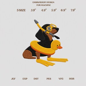 May include: An embroidery design for machine featuring a brown and black dachshund wearing yellow swim goggles, a yellow duck-shaped swim ring, and yellow swim flippers. Text includes EMBROIDERY DESIGN FOR MACHINE and 5 SIZE 3.9" 4.9" 5.9" 6.9" 7.9".