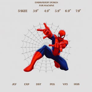 Puede incluir: Un diseño de bordado para máquina con un superhéroe rojo y azul en pose agachada sobre un fondo de telaraña negra. El texto incluye EMBROIDERY DESIGN FOR MACHINE, 5 SIZE, 3.9", 4.9", 5.9", 6.9", 7.9", JEF, EXP, DST, PES, VP3, HUS.