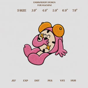 May include: An embroidery design for machine featuring a pink character with yellow circular ears and a cream-colored face with star accents. Text reads: EMBROIDERY DESIGN FOR MACHINE, 5 SIZE, 3.9", 4.9", 5.9", 6.9", 7.9", JEF, EXP, DST, PES, VP3, HUS.
