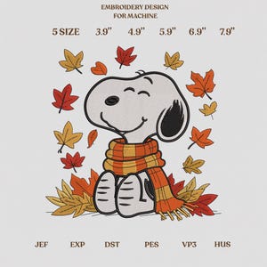 May include: Machine embroidery design featuring a cartoon dog wearing an orange and yellow striped scarf, surrounded by falling autumn leaves in red, orange, and yellow. Text includes EMBROIDERY DESIGN FOR MACHINE, 5 SIZE, 3.9", 4.9", 5.9", 6.9", 7.9", JEF, EXP, DST, PES, VP3, HUS.