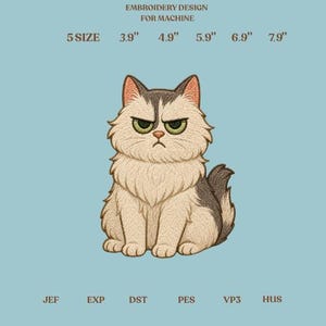Disegno per ricamo a macchina di un gatto brontolone e soffice, file di ricamo di un gattino a pelo lungo e infastidito, modello digitale di un felino arrabbiato, download immediato.