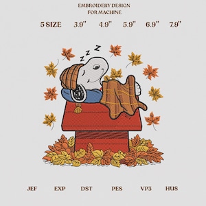 May include: Machine embroidery design featuring a white dog wearing a brown beanie, sleeping on a red doghouse with a brown blanket. Surrounded by falling orange and yellow autumn leaves. Text includes EMBROIDERY DESIGN FOR MACHINE and 5 SIZES: 3.9", 4.9", 5.9", 6.9", 7.9". File formats: JEF, EXP, DST, PES, VP3, HUS.