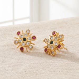 Gold Plated Floral CZ Stud Earrings, Ruby Green Stone Earrings, Minimalist Indian Stud Earrings, Everyday Jewelry Gift for Women