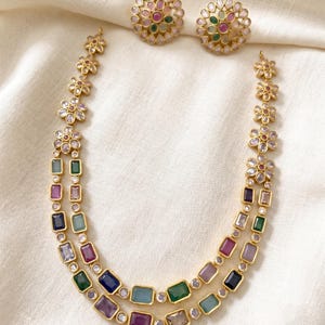 Multicolor Gemstone Necklace Set, Floral Statement Jewelry, Colorful Stone Necklace Earrings, Wedding Jewelry Gift for Her