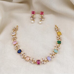 Multicolor Gemstone Necklace Set, Gold Plated Statement Jewelry, Rainbow Crystal Necklace, Bridesmaid Gift, Wedding Jewelry Set