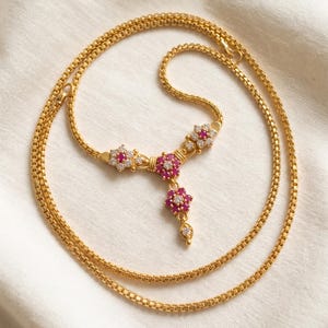 Gold Plated Ruby Floral Pendant Necklace for Women, Indian Traditional Necklace, CZ Stone Chain Necklace, Bridal Jewelry Gift