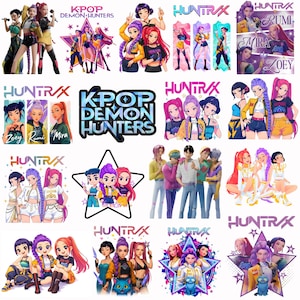 May include: A collection of colorful K-Pop Demon Hunters themed stickers and illustrations. The designs feature stylized anime-style characters with vibrant hair and outfits. The text "KPOP DEMON HUNTERS" and "HUNTRX" is visible in various designs.