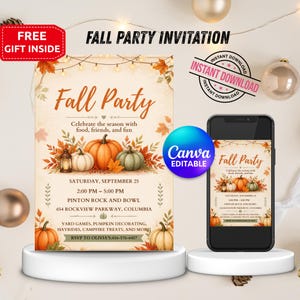 Könnte beinhalten: Eine digitale Einladungsvorlage für eine Herbstparty mit orangefarbenen und grünen Kürbissen, Herbstblättern und Lichterketten. Der Text lautet Fall Party, Celebrate the season with food, friends, and fun, Samstag, 25. September, 14-17 Uhr.