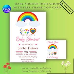 May include: A baby shower invitation with a rainbow, clouds, and hearts design. The invitation includes the text "Baby Shower" and details for Sacha Dubois's shower on June 24th. A matching thank you card is also shown.