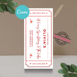 Puede incluir: Un vale de regalo rectangular con fondo blanco y borde rojo. El texto dice: SENT WITH LOVE, OLIVIA'S, A GIFT FOR YOU, A Luxury Spa Getaway In The Lakes, HAPPY BIRTHDAY! LOVE, DANIELLE X. El diseño incluye iconos de estrellas y corazones rojos.