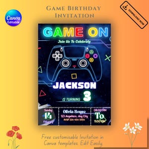 Peut inclure: Un modèle d'invitation d'anniversaire numérique avec le contour d'une manette de jeu vidéo style néon sur un fond bleu foncé spatial. Le texte inclut GAME ON, JACKSON IS TURNING 3, ainsi que les détails de l'événement sur fond noir.