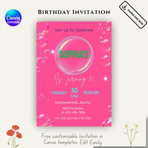 Redigerbar bubbelfest födelsedagsinbjudan, flickas andra födelsedagsinbjudan, rosa bubbeltema födelsedag, flickafestinbjudan, direktnedladdning