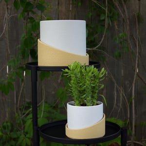May include: Two cylindrical white planters with textured yellow bases featuring a diagonal cut design. The planters are arranged on a tiered black metal stand, with a green succulent plant potted in the smaller lower container.