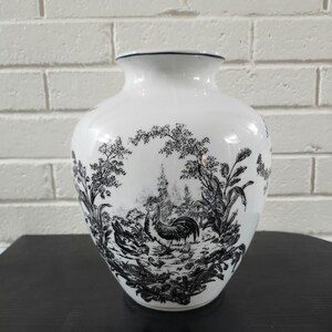 Vintage Rooster Toile Porcelain Vase, Black White French Country Farmhouse Urn