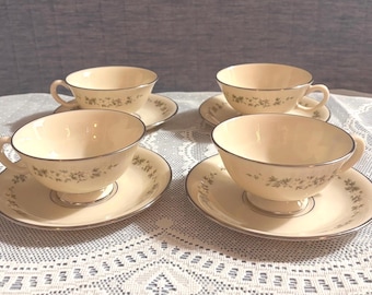 Vintage Lenox Brookdale Teacup and Saucer Set (4) Ivory Floral Platinum H500