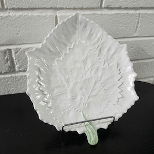Vintage Italian Majolica White Leaf Plate with Green Stem Handle, Embossed 3D Cabbageware Salad Serving Dish, Made in Italy Pottery