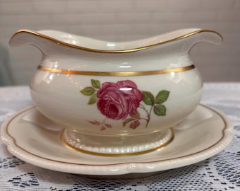 Vintage Castleton Dolly Madison Gravy Boat Attached Underplate Gold Trim Pink Cabbage Rose Fine Ivory Porcelain USA Factory Second