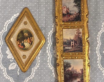 Vintage Florentine Gilt Wood Wall Decor Set - Mid Century Italian Triptych & Diamond Landscape Plaques