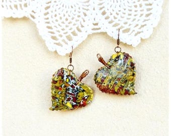 Fall Leaf Earrings, Mokume gane polymer clay, Bright Boho art jewelry for her