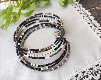 Multi-strand bracelet, black white and bronze beaded bracelet with clasp, Beaded Bracelets for Women, bohemian statement accessory