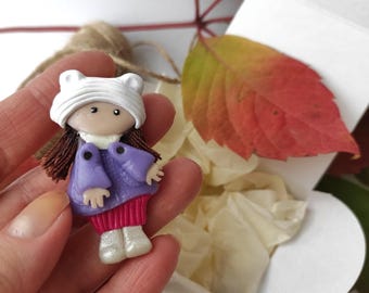 Art brooch Girl with moving hands, Miniature doll toy pin, backpack accessories gift