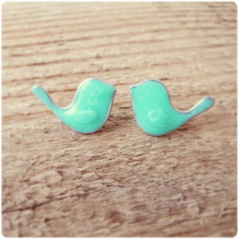 Bird Stud Earrings, Small Mint Studs, Cute Handmade Jewelry image 2