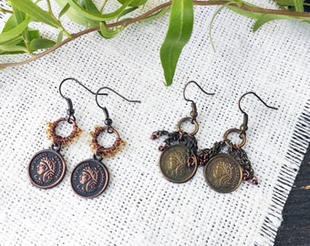 Coins Earrings, Gypsy small dangle Earrings, Vintage style Hippie jewelry