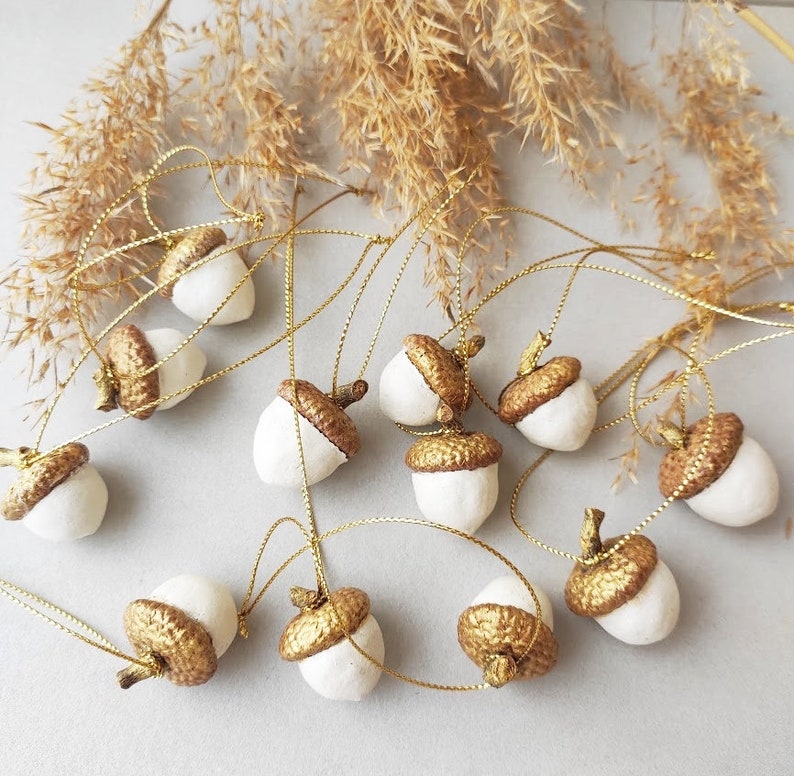 Decorative clay acorns Set of 8 pcs white & golden handmade acorns ornaments Easter decor Air dry clay decor image 1