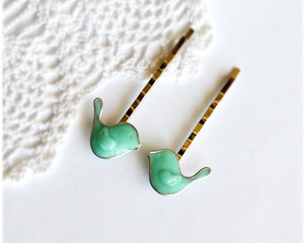 Cute mint bird bobby pins 2 pcs, tiny bird hairpins, hair accessories. Ukrainian handmade