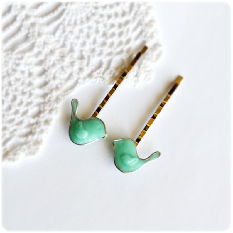 Cute mint bird bobby pins 2 pcs, tiny bird hairpins, hair accessories. Ukrainian handmade image 1