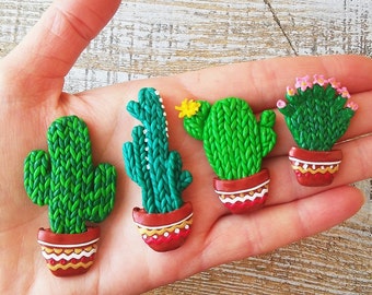 Knit clay cacti pin, Small cactus brooch, succulent jewelry, polymer clay jewelry