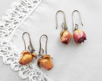 Dried Rose earrings, Real Pink Rose Bud dangle earrings, Nature Inspired Jewelry