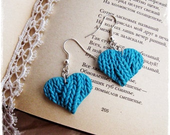 Blue heart earrings, clay knitting, Valentine hearts gift, clay earrings sweater dangle, Christmas stocking stuffer