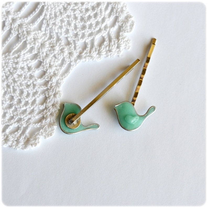 Cute mint bird bobby pins 2 pcs, tiny bird hairpins, hair accessories. Ukrainian handmade image 3