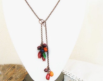 Colorful Berry Necklace Fall Lariat Chain Ukrainian artist handmade