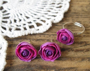 Purple rose stud earrings Rose ring floral jewelry set Hypoallergenic Woman accessory Gift for her, Ukrainian artist
