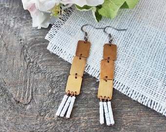 Long Geometric copper earrings, three square dangle with white beads tassel, Copper wedding gift for her