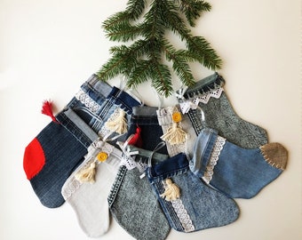 Medias navideñas pequeñas denim Navidad decoración rústica del hogar 17,5 cm