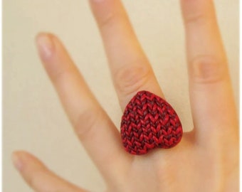 Red heart ring big knit clay Adjustable Christmas ring, Valentine gift