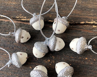 Air dry clay acorns set Handing decor silvery polka dot Christmas cute ornaments