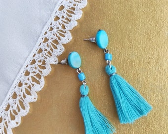 Blue Tassel Earrings, Lightweight Statement dangle earrings, Nacre studs with dangle