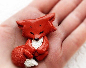 Red fox brooch, lovely little pin fox cub, cute animal jewelry, art miniature