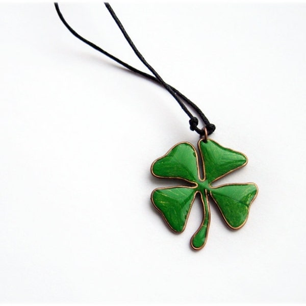 Four leaf clover lucky charm necklace or brooch, green clover St. Patrick day gift. Ukrainian handmade