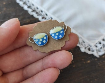 Cup of milk Stud Earrings Blue Polka Dot Cute small handmade earrings, Fun gift for her