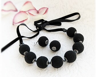 Black large beads necklace and round dangle earrings Crochet balls jewelry set